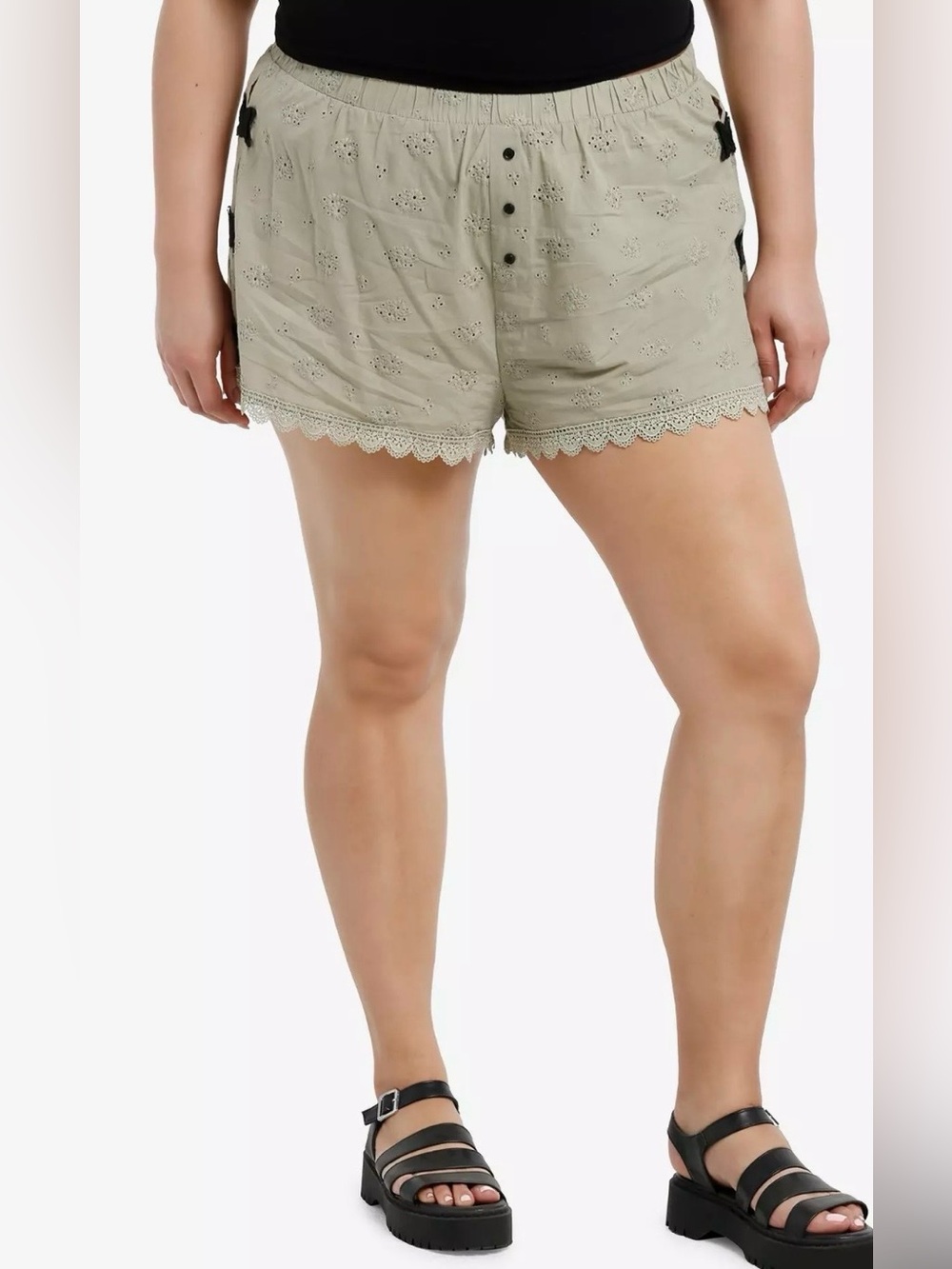 High-Waist Eyelet Lace-Trim  — Sage green butterfly boxer shorts